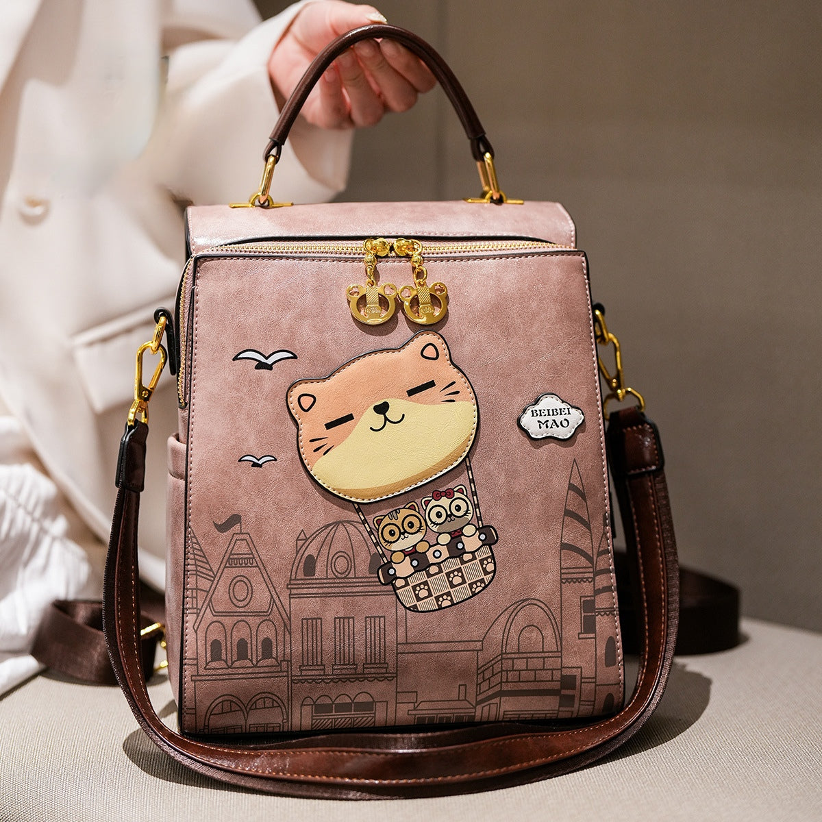 Cat-themed Multi-layer Tote Backpack (Handcrafted)