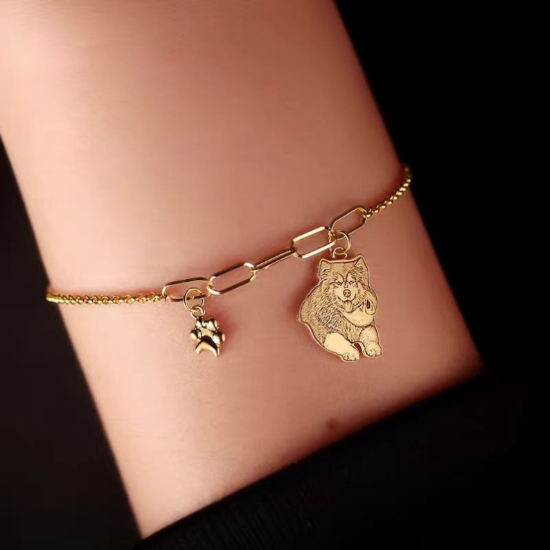 Custom 18K Gold Pet Photo Pendant Bracelet with Paw Print Charm