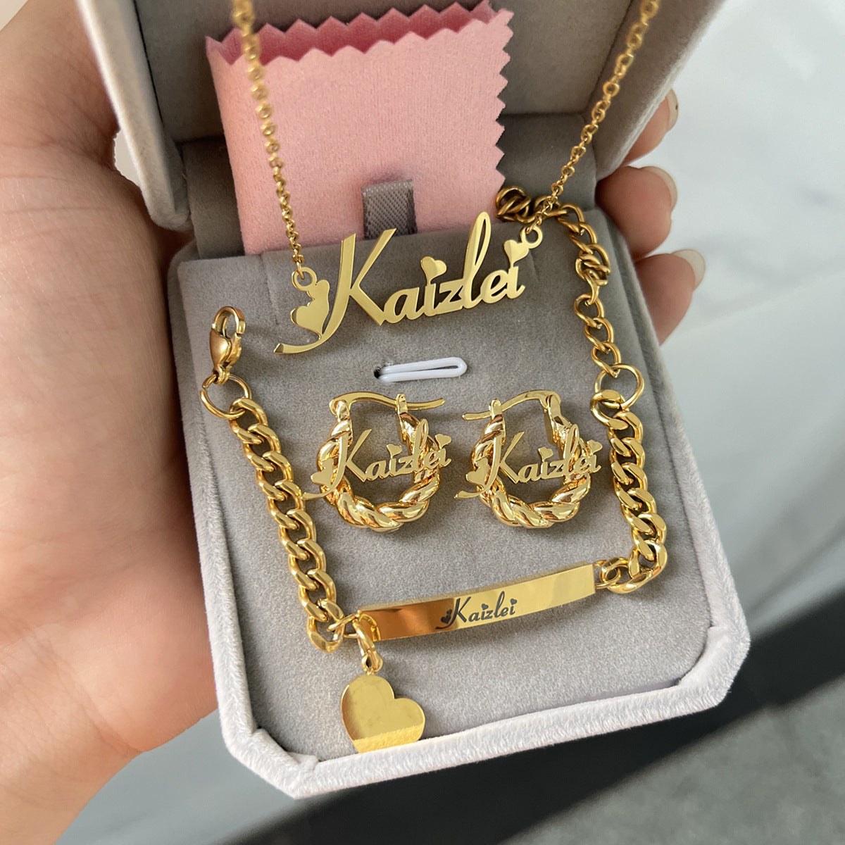 Personalized Heart Name Necklace, Bracelet, and Mini Earrings Set (Kids' Edition)-3-piece