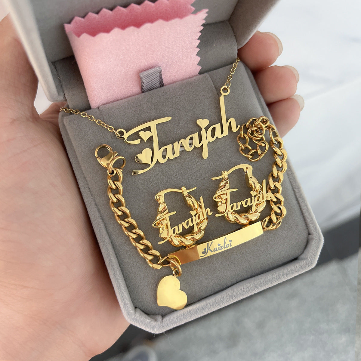 Personalized Heart Name Necklace, Bracelet, and Mini Earrings Set (Kids' Edition)-3-piece