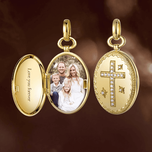 18K Yellow Gold Cross Photo Pendant Necklace – Personalized Pet & Family Portrait Pendant