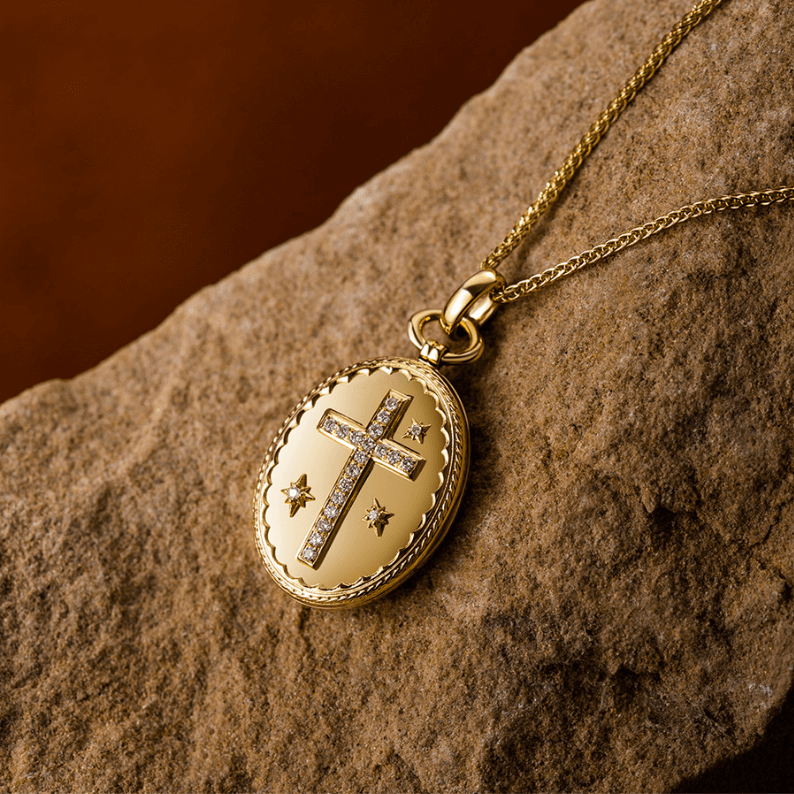 18K Yellow Gold Cross Photo Pendant Necklace – Personalized Pet & Family Portrait Pendant