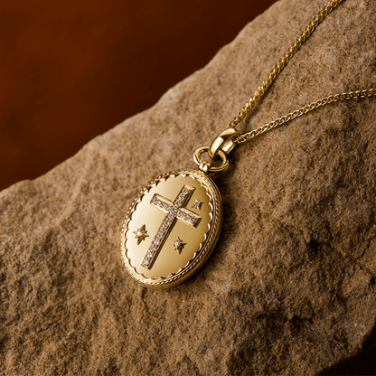 18K Yellow Gold Cross Photo Pendant Necklace – Personalized Pet & Family Portrait Pendant