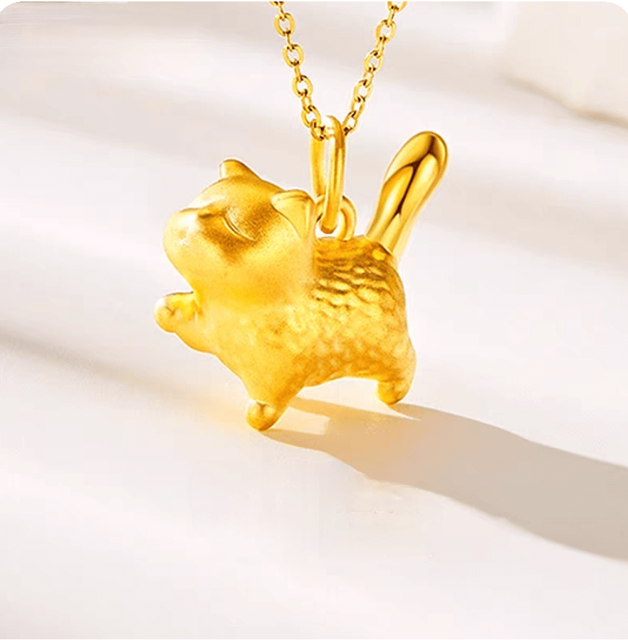 24K Yellow Gold Cute Cat Pendant Necklace