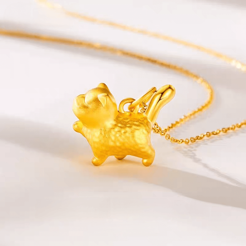 24K Yellow Gold Cute Cat Pendant Necklace