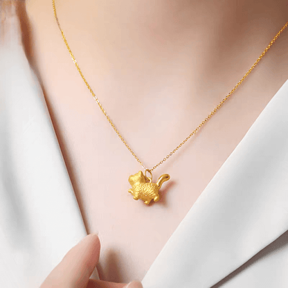 24K Yellow Gold Cute Cat Pendant Necklace