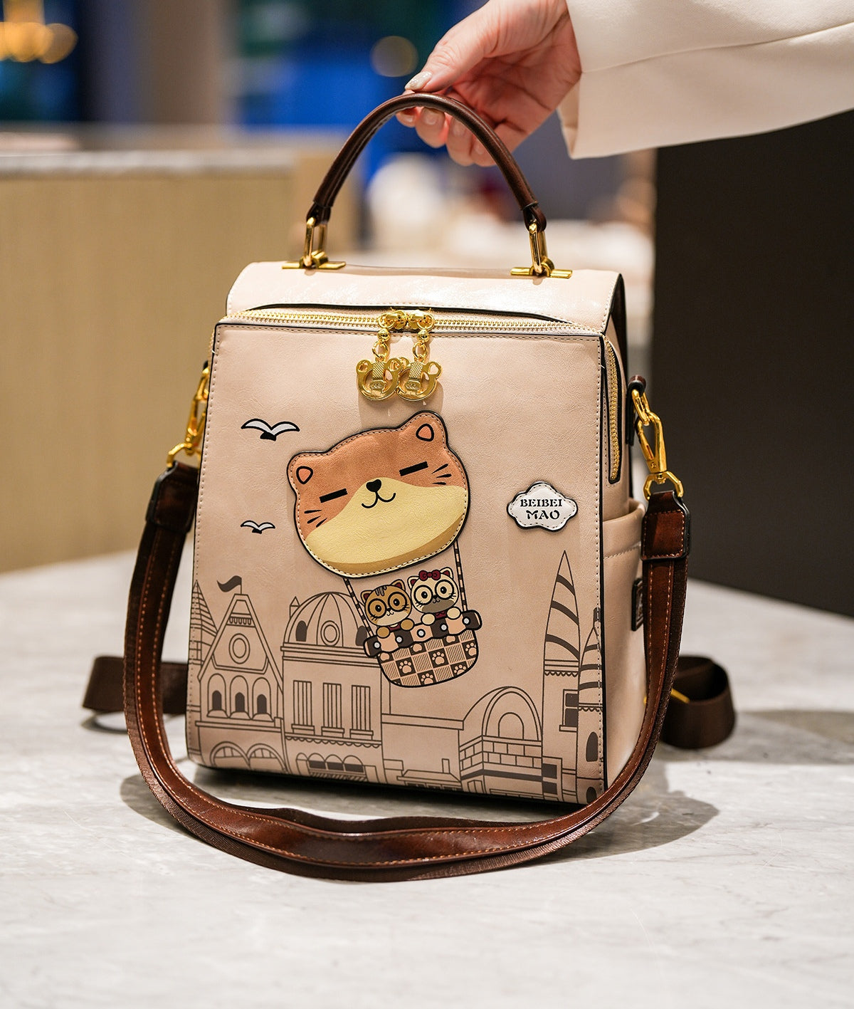 Cat-themed Multi-layer Tote Backpack (Handcrafted)
