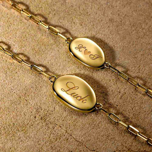 Custom 18K Gold Irregular Round Engraved Bracelet