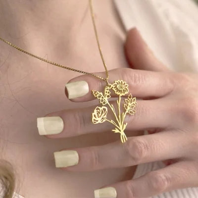 Custom Birthflower Bouquet Necklace, Family Necklace, Mother's Day/Birthday Gifts, Gifts for Grandma/Mom