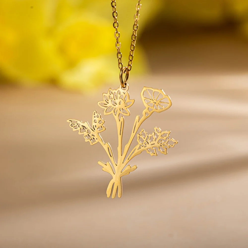 Custom Birthflower Bouquet Necklace, Family Necklace, Mother's Day/Birthday Gifts, Gifts for Grandma/Mom
