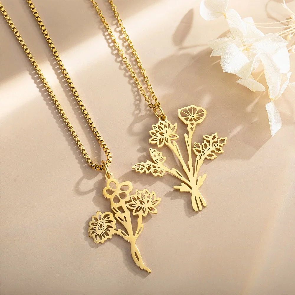 Custom Birthflower Bouquet Necklace, Family Necklace, Mother's Day/Birthday Gifts, Gifts for Grandma/Mom