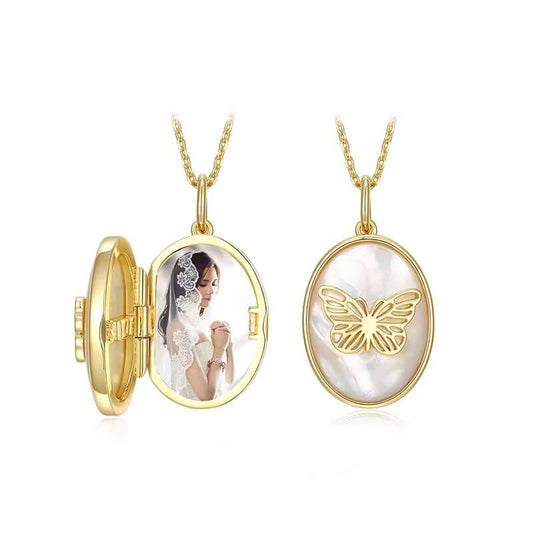 "Eternal Butterfly" Mother of Pearl Photo Collar Necklace-Hand Crafted in 18K Gold Plated Silver