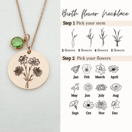 Personalized Birth Flower Family Bouquet Necklace