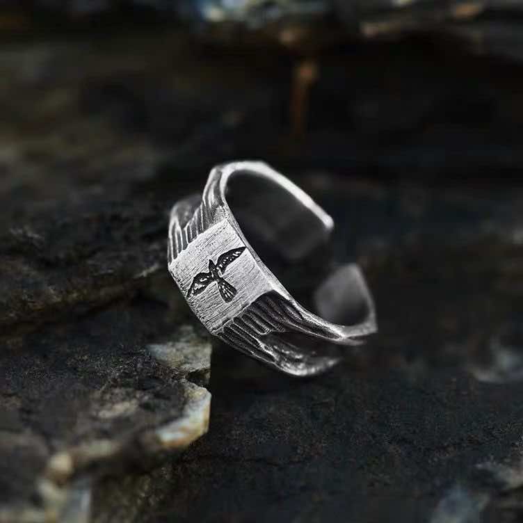 Flying Raven Open Ring – Handmade in 999 Sterling Silver